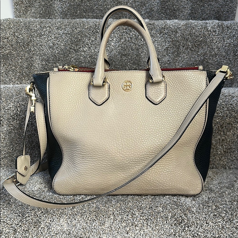 Tory Burch Cream and Black Satchel with Gold Hardware